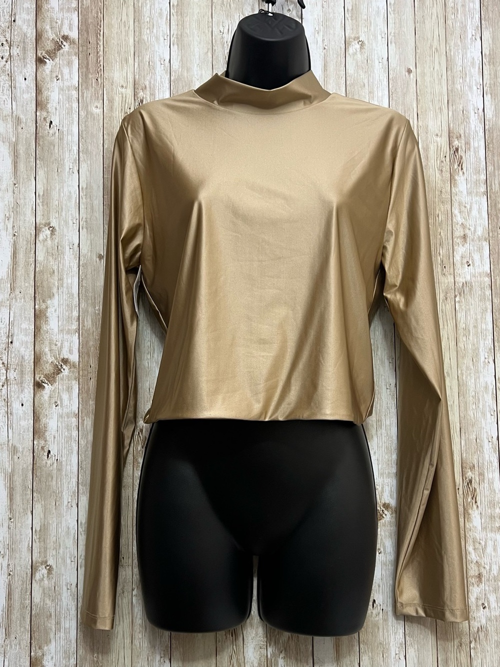 Babaton Metallic Gold Mock Neck Long Sleeve Crop Top Size XL